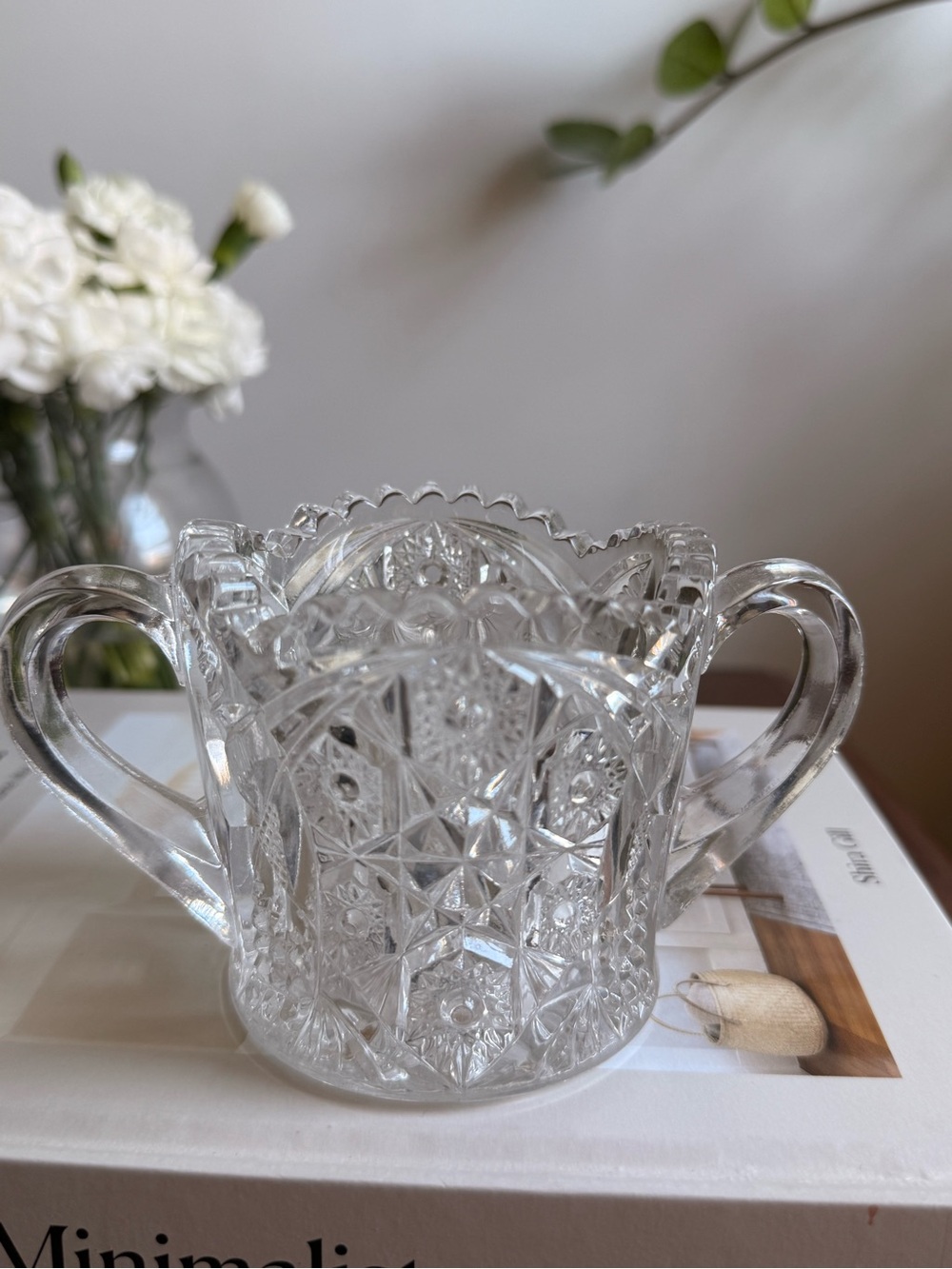 Cut Glass Patterned Sugar Bowl with Handles - Clear Glass